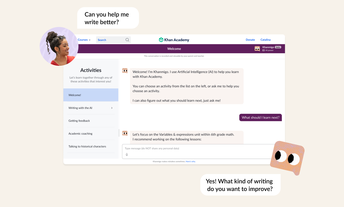 Khanmigo — conversational AI tutoring interface