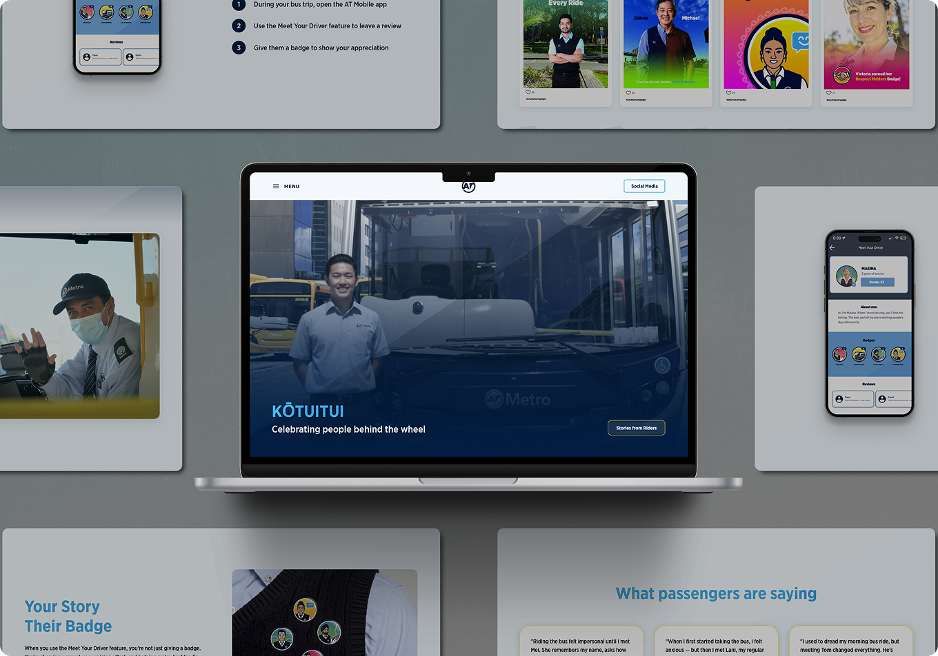 Final outcome — Kōtuitui campaign website on laptop with bus shelter mockup