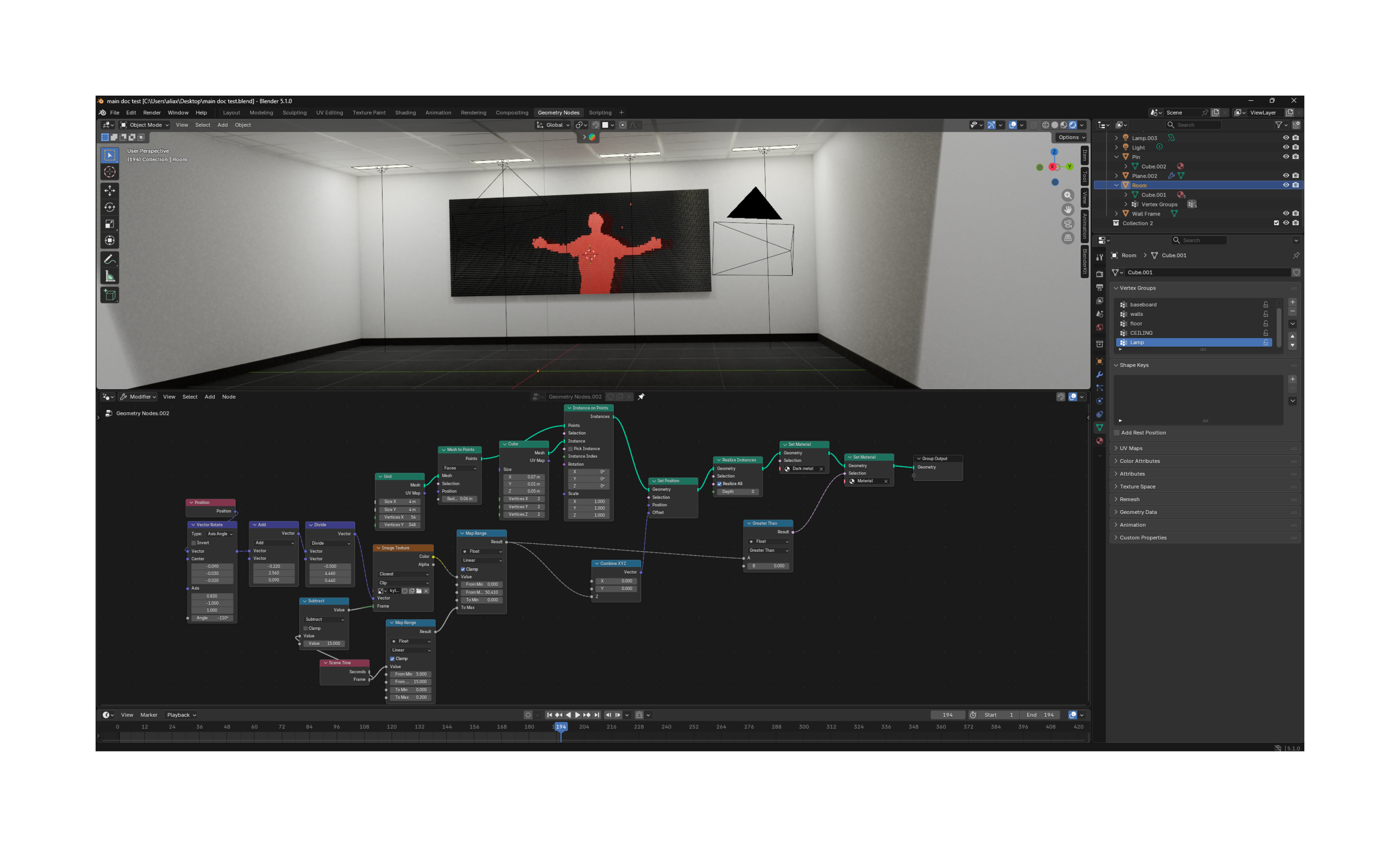 Blender Geometry Nodes setup — top-down room with pixel grid