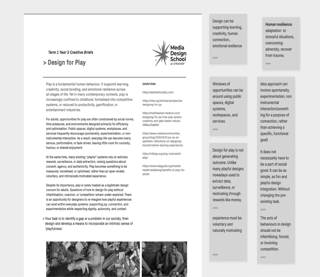 Research board — Design for Play brief, sticky notes, and reference imagery